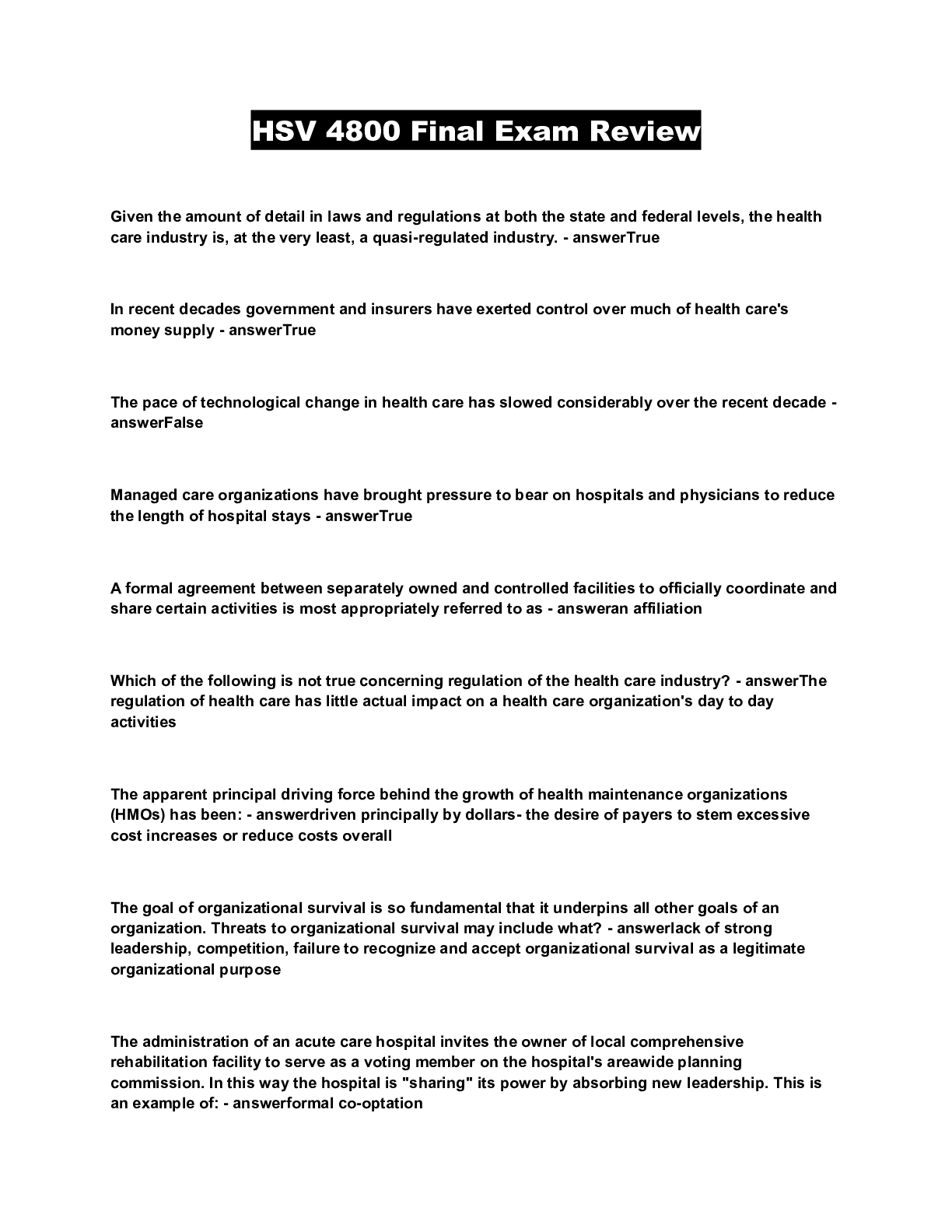 Preview image of HSV 4800 Final Exam Review document